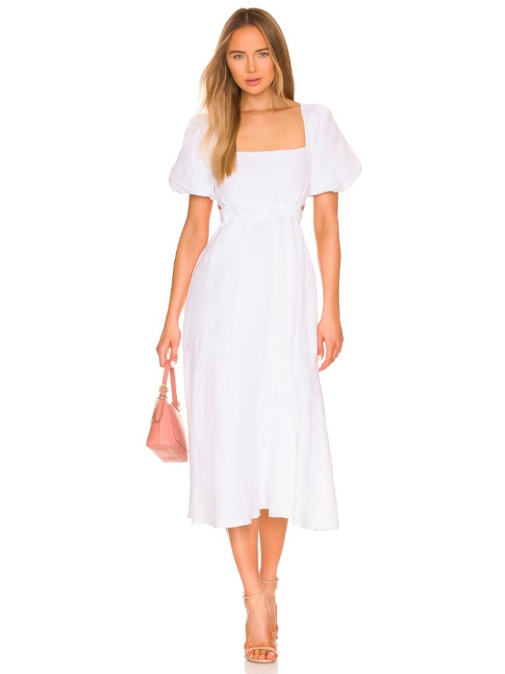 NWT Astr The Label Angeles Dress White Backless Smocked Puff Sleeve Linen Size M